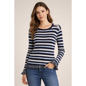 Elle Womens Sz L Blue Gray Striped Ribbed Knit Top Long Sleeve Ruffle Blouse E